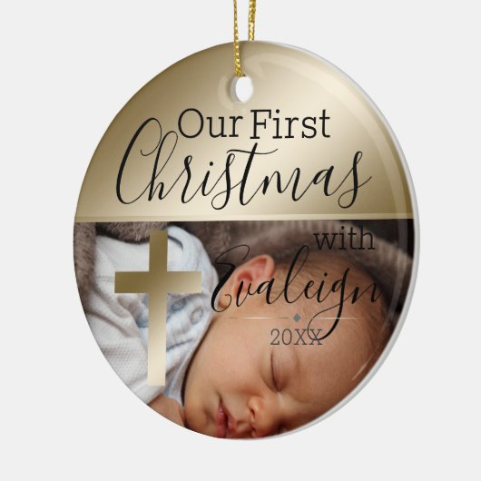 ベビー写真金ゴールド宗教十字架初めてのクリスマス セラミックオーナメント (左)