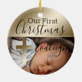 ベビー写真金ゴールド宗教十字架初めてのクリスマス セラミックオーナメント (裏面)