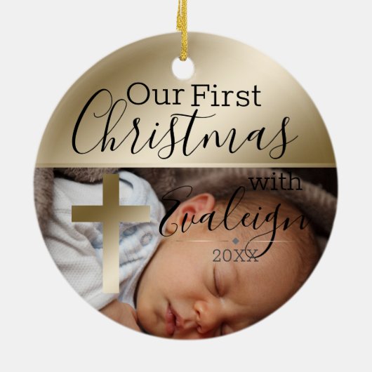 ベビー写真金ゴールド宗教十字架初めてのクリスマス セラミックオーナメント (裏面)
