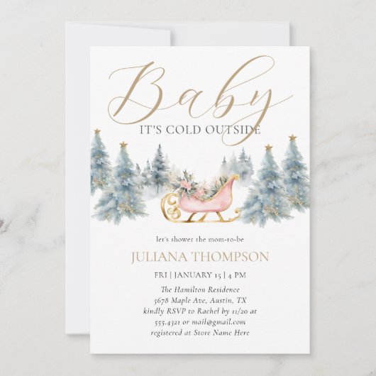 ベビー冬そりの赤ちゃんシャワー外は寒い 招待状 (正面)