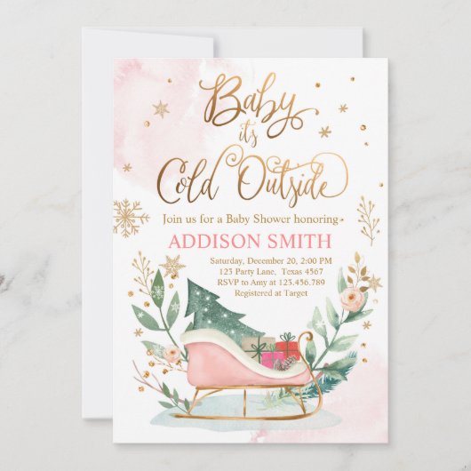 ベビー冬そりの赤ちゃんシャワー外は寒い 招待状 (正面)