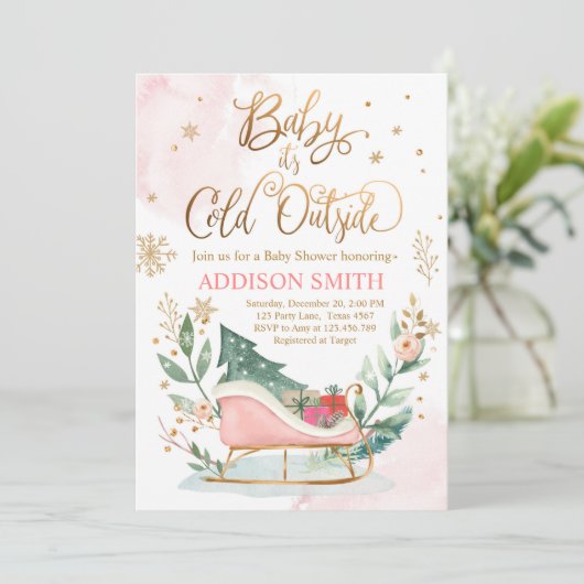 ベビー冬そりの赤ちゃんシャワー外は寒い 招待状 (スタンド正面)
