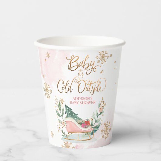 ベビー冬そりの赤ちゃんシャワー外は寒い 紙コップ (正面)