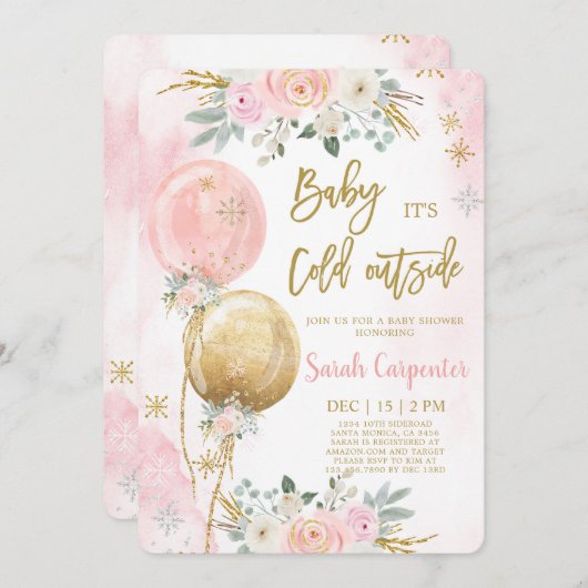 ベビー冬のクリスマスベビーガール外は寒い 招待状 (正面/裏面)