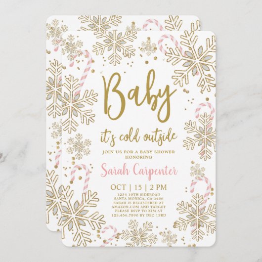 ベビー冬のクリスマスベビーガール外は寒い 招待状 (正面/裏面)