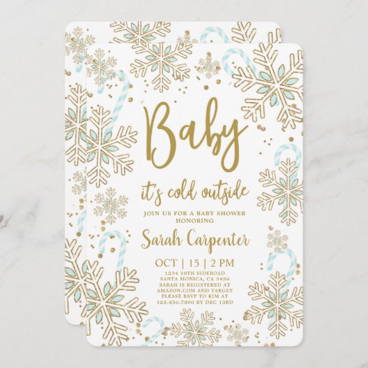 ベビー冬のクリスマス男の赤ちゃん外は寒い 招待状 (正面/裏面)