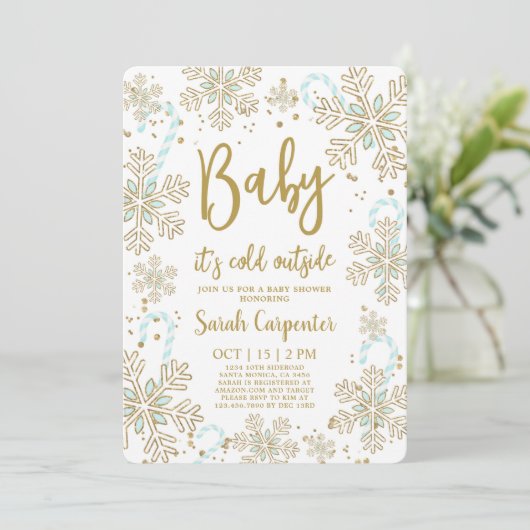 ベビー冬のクリスマス男の赤ちゃん外は寒い 招待状 (スタンド正面)