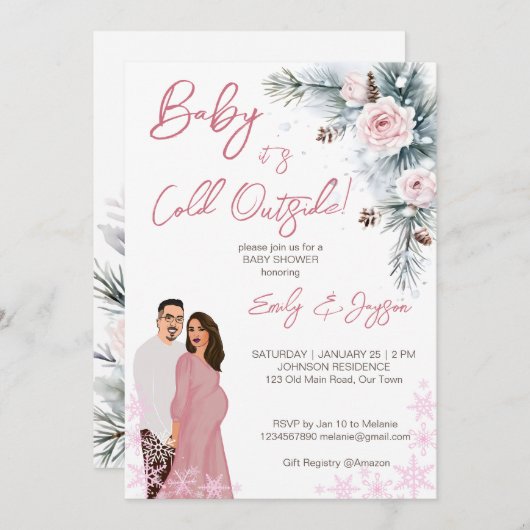 ベビー冬のベビーシャワーパステル外は寒い 招待状 (正面/裏面)