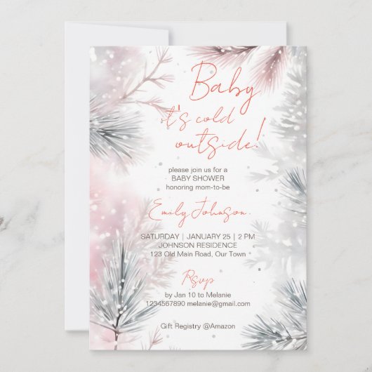 ベビー冬のベビーシャワーパステル外は寒い 招待状 (正面)
