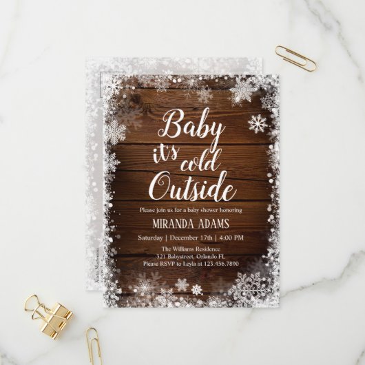 ベビー冬のベビーシャワー外は寒い インビテーションポストカード (正面/裏面インサイチュ)