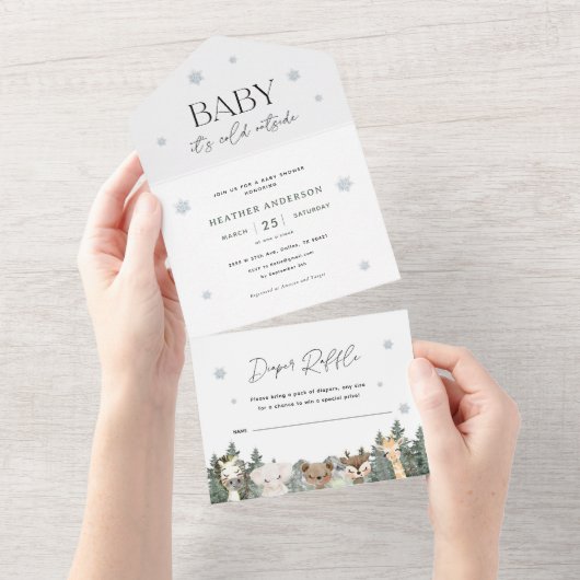 ベビー冬のベビーシャワー外は寒い オールインワン招待状 (貼ってはがせる)