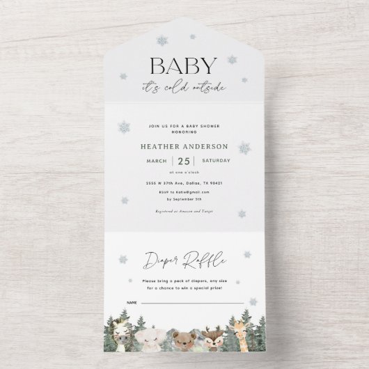 ベビー冬のベビーシャワー外は寒い オールインワン招待状 (内側)