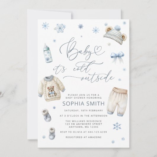 ベビー冬のベビーシャワー外は寒い 招待状 (正面)