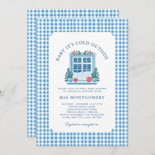 ベビー冬のベビーシャワー外は寒い 招待状 (正面/裏面)