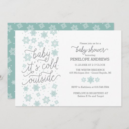 ベビー冬のベビーシャワー外は寒い 招待状 (正面/裏面)