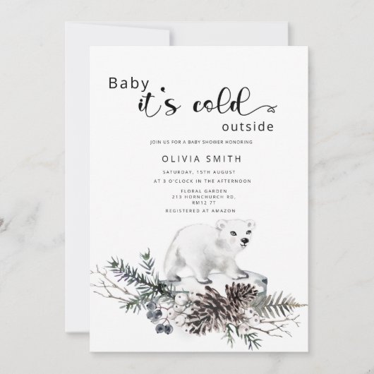 ベビー冬のベビーシャワー外は寒い 招待状 (正面)