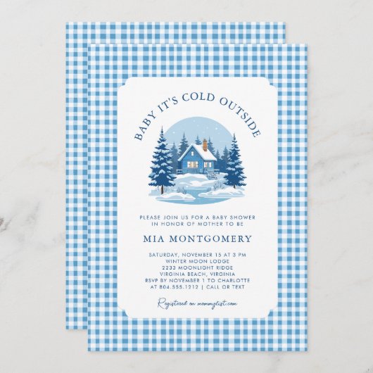 ベビー冬のベビーシャワー外は寒い 招待状 (正面/裏面)