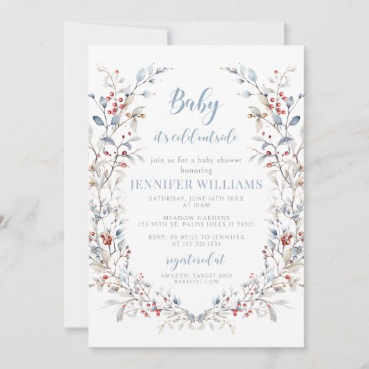 ベビー冬のベビーシャワー外は寒い 招待状 (正面)