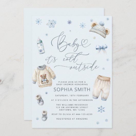 ベビー冬のベビーシャワー外は寒い 招待状 (正面/裏面)