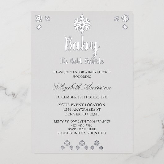 ベビー冬のベビーシャワー外は寒い 箔招待状 (正面)