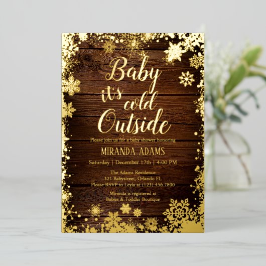 ベビー冬のベビーシャワー外は寒い 箔招待状 (立ち正面)