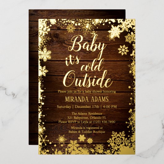 ベビー冬のベビーシャワー外は寒い 箔招待状 (正面/裏面)