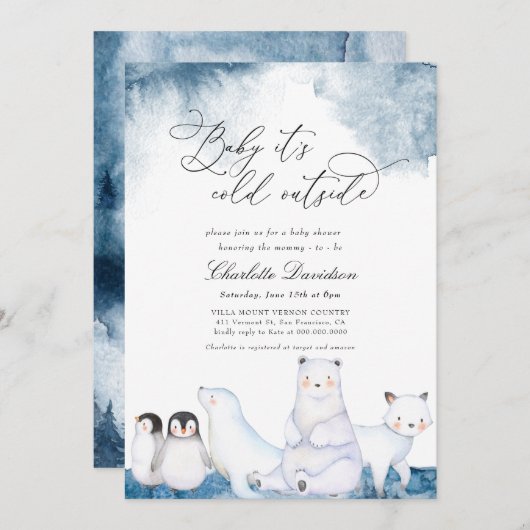 ベビー冬の動物のベビーシャワーの外は寒い 招待状 (正面/裏面)