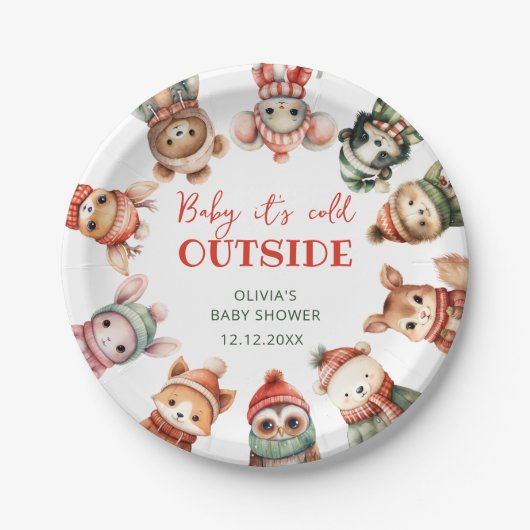 ベビー冬の動物の外は寒い赤ちゃんシャワー ペーパープレート (正面)