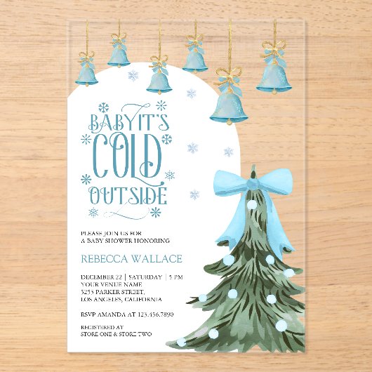 ベビー冬の外で寒いブルーボウ赤ちゃんシャワー アクリル招待状 (正面)