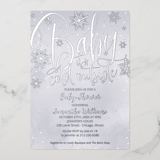 ベビー冬の外で寒い灰色の赤ちゃんシャワーFoi 箔招待状 (正面)