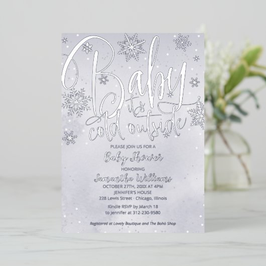 ベビー冬の外で寒い灰色の赤ちゃんシャワーFoi 箔招待状 (立ち正面)