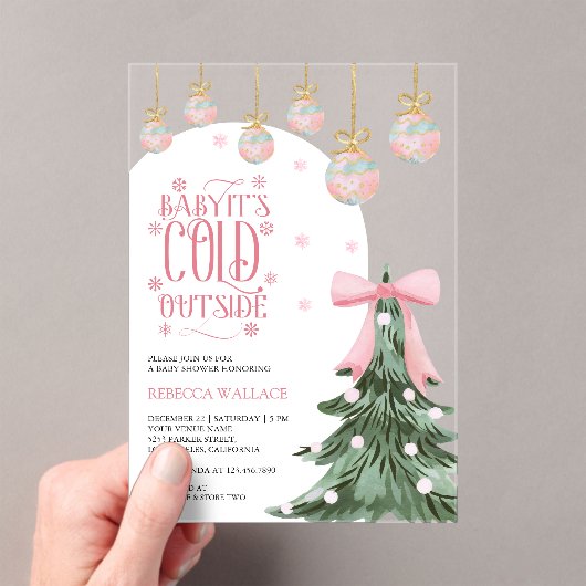 ベビー冬の外は寒いピンクの弓ベビーシャワー アクリル招待状 (インサイチュ (ポータブル))