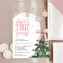 ベビー冬の外は寒いピンクの弓ベビーシャワー アクリル招待状