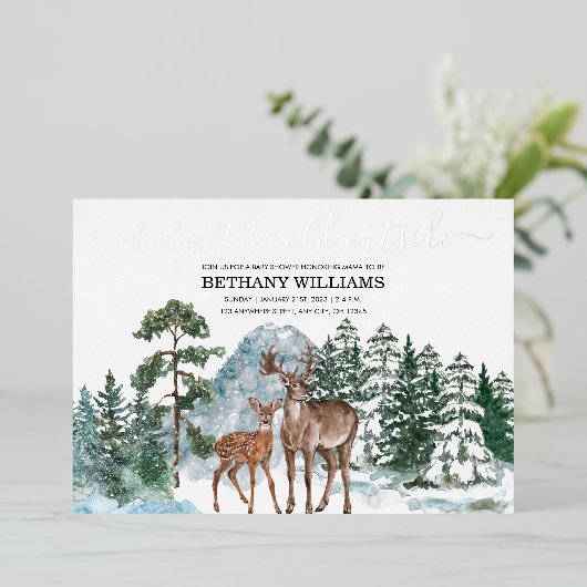 ベビー冬の外は寒いベビーシャワー雪Inv 箔招待状 (立ち正面)