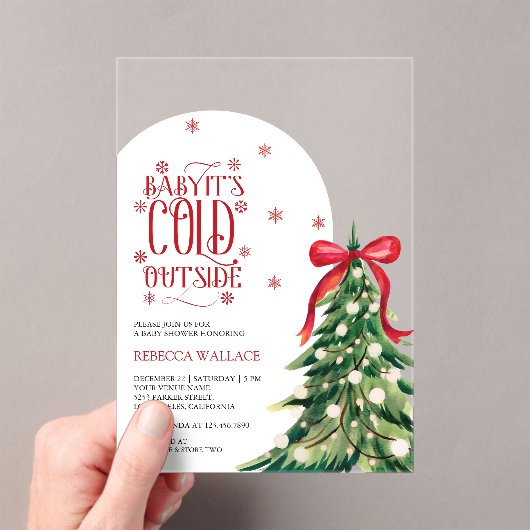 ベビー冬の外は寒いレッドボウ赤ちゃんシャワー アクリル招待状 (インサイチュ (ポータブル))