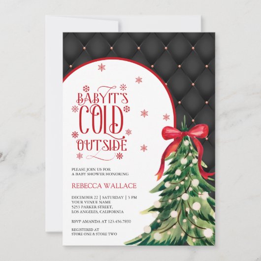 ベビー冬の外は寒いレッドボウ赤ちゃんシャワー 招待状 (正面)