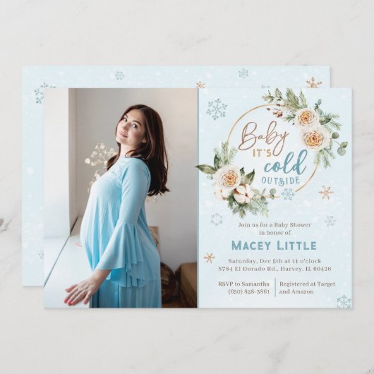 ベビー冬の外は寒い妊娠ママの写真 招待状 (正面/裏面)