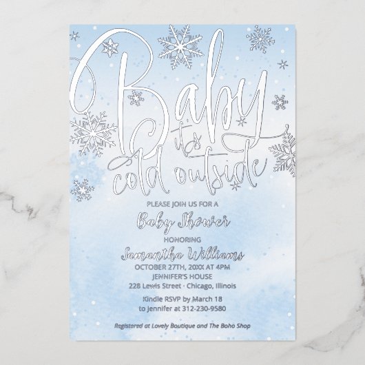 ベビー冬の外は寒い男の子の赤ちゃんシャワーフォイル 箔招待状 (正面)