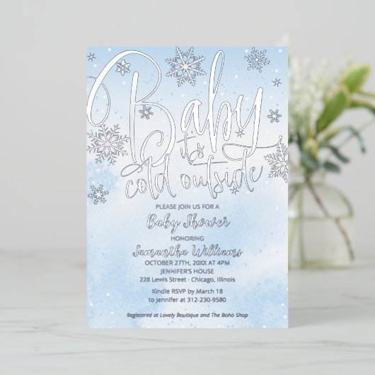ベビー冬の外は寒い男の子の赤ちゃんシャワーフォイル 箔招待状 (立ち正面)