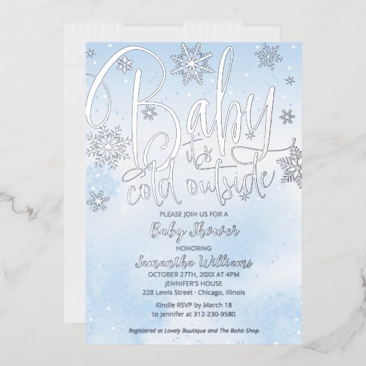 ベビー冬の外は寒い男の子の赤ちゃんシャワーフォイル 箔招待状 (封筒)