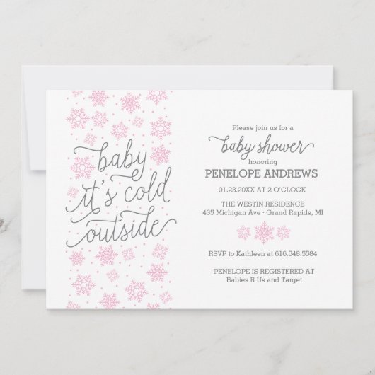 ベビー冬の外は寒い赤ちゃんシャワーピンク 招待状 (正面)