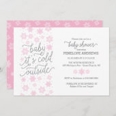 ベビー冬の外は寒い赤ちゃんシャワーピンク 招待状 (正面/裏面)