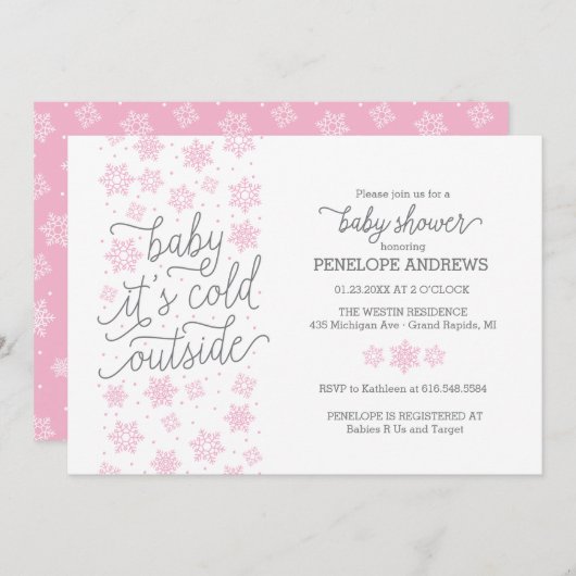 ベビー冬の外は寒い赤ちゃんシャワーピンク 招待状 (正面/裏面)