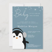 ベビー冬の外は寒い青かわいいペンギン 招待状 (正面)