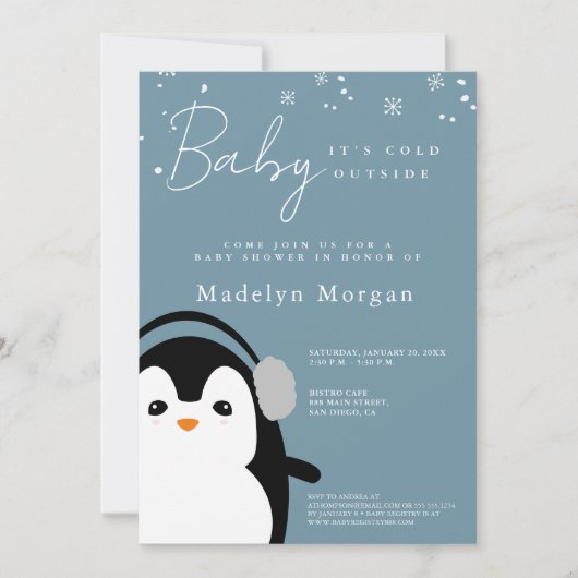 ベビー冬の外は寒い青かわいいペンギン 招待状 (正面)