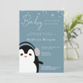 ベビー冬の外は寒い青かわいいペンギン 招待状 (スタンド正面)