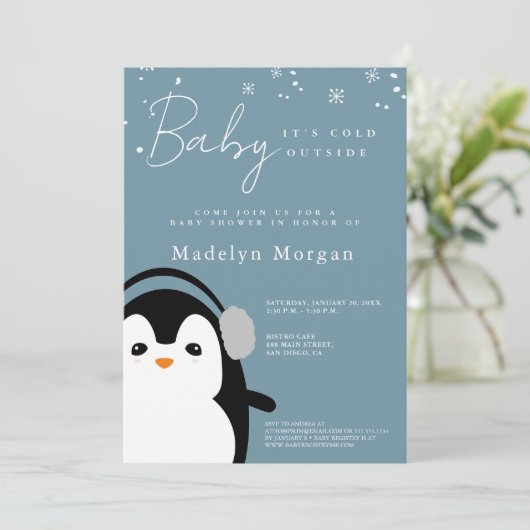 ベビー冬の外は寒い青かわいいペンギン 招待状 (スタンド正面)