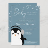 ベビー冬の外は寒い青かわいいペンギン 招待状 (正面/裏面)