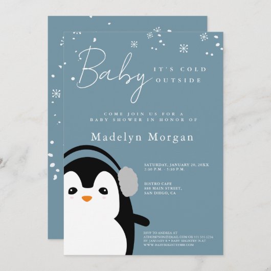 ベビー冬の外は寒い青かわいいペンギン 招待状 (正面/裏面)