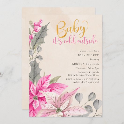 ベビー冬の女の子の赤ちゃんシャワー外が寒い 招待状 (正面/裏面)